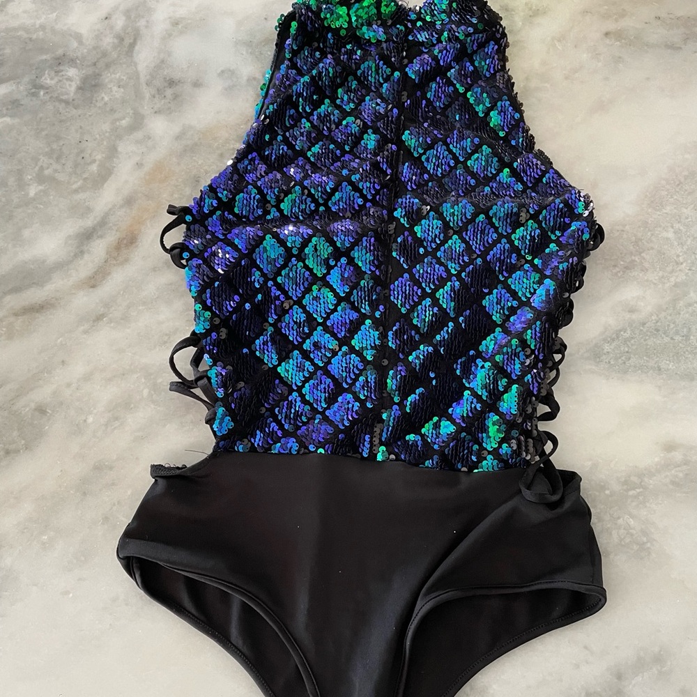 Size S Iridescent Sequins Thong Bodysuit with Lace Up Sides - Forever 21